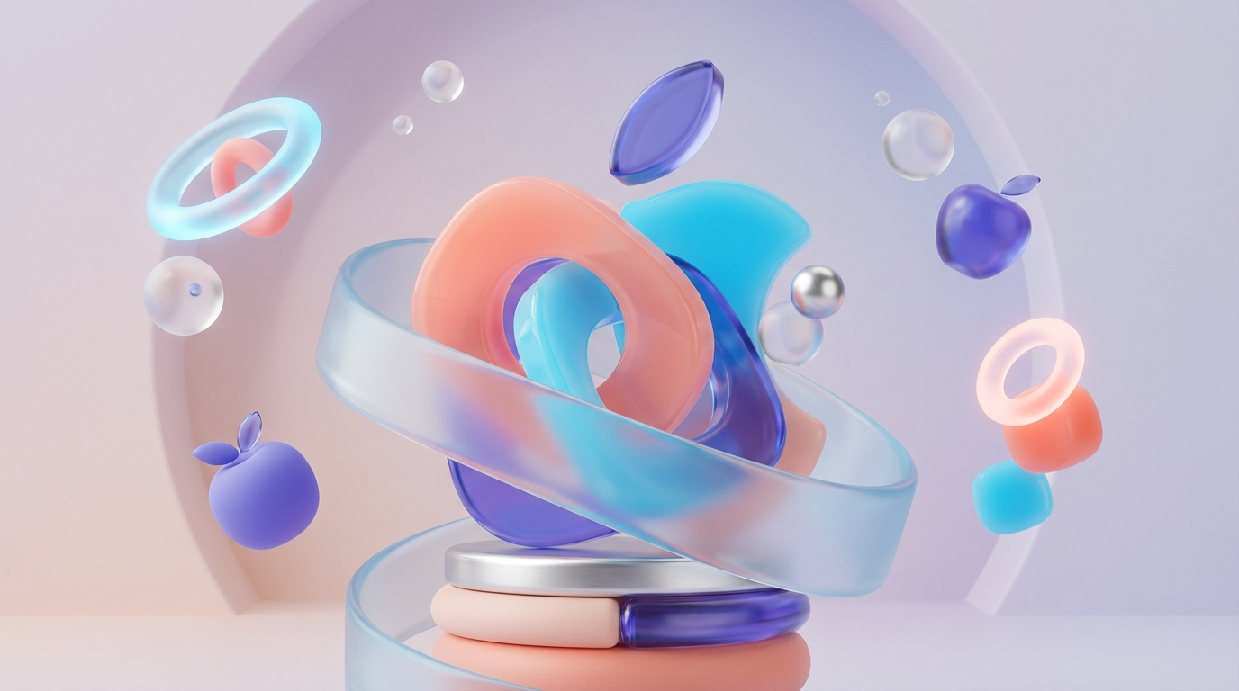 A highly creative, playful, Apple-inspired 3D abstract composition with fluid glassmorphism and vibrant colors.